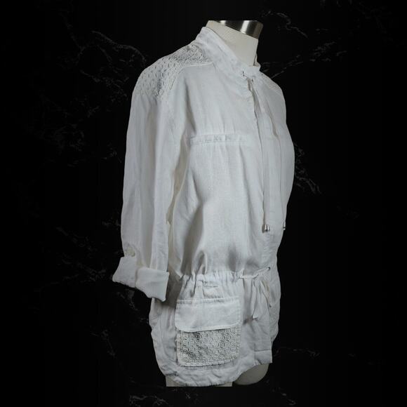 Saint Tropez West White Eyelet Linen Button Cinch Waist Utility Jacket Sz Medium - Picture 4 of 16